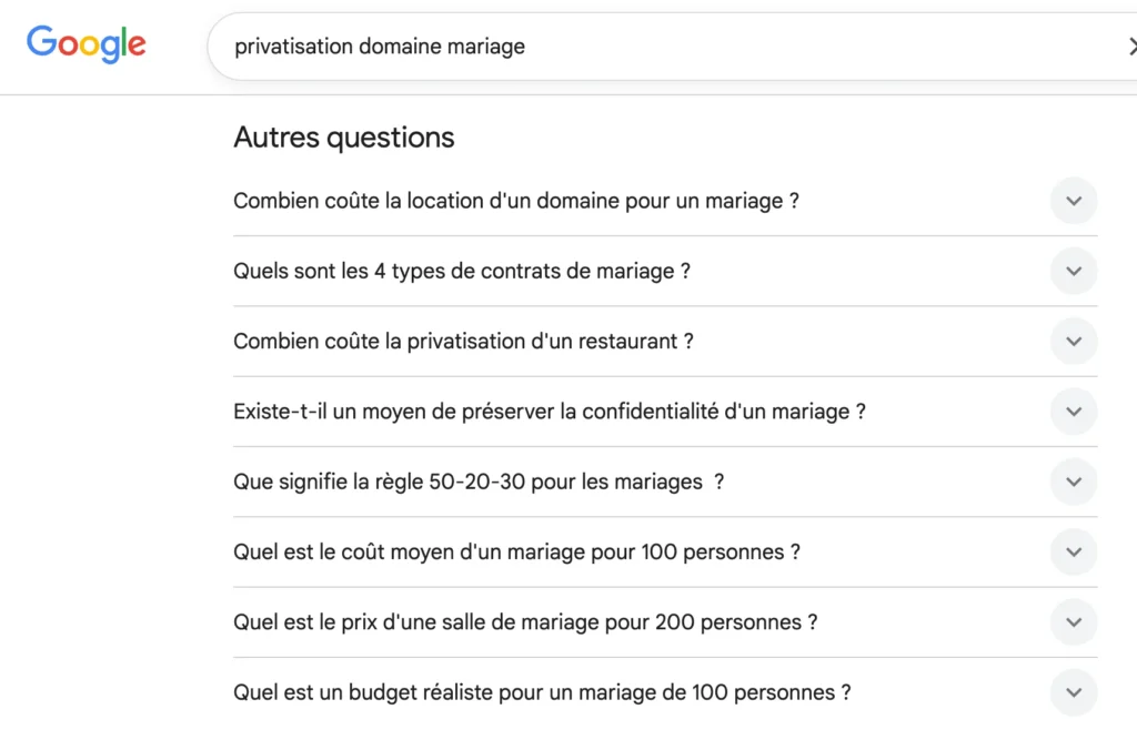Capture d'écran du bloc "Autres questions posées" sur Google pour une recherche géolocalisée.