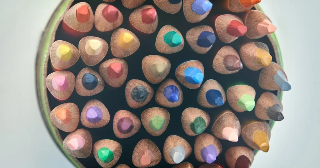 Vue de dessus d'un pot à crayons et d'outils de création sur un bureau pour choisir les couleurs de marque d'une entreprise à Chartres.